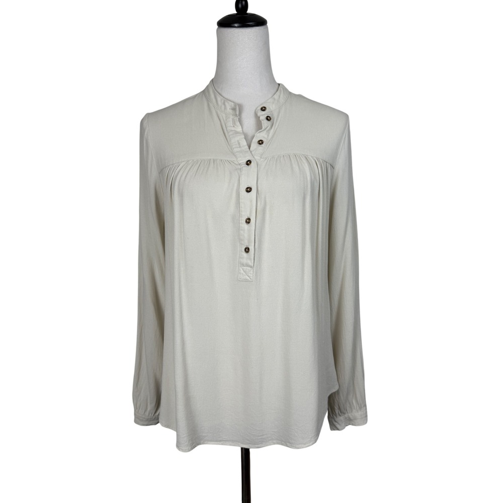 H&M Women Rayon Blouse 8 Beige Henley Long Sleeve Pleated Back